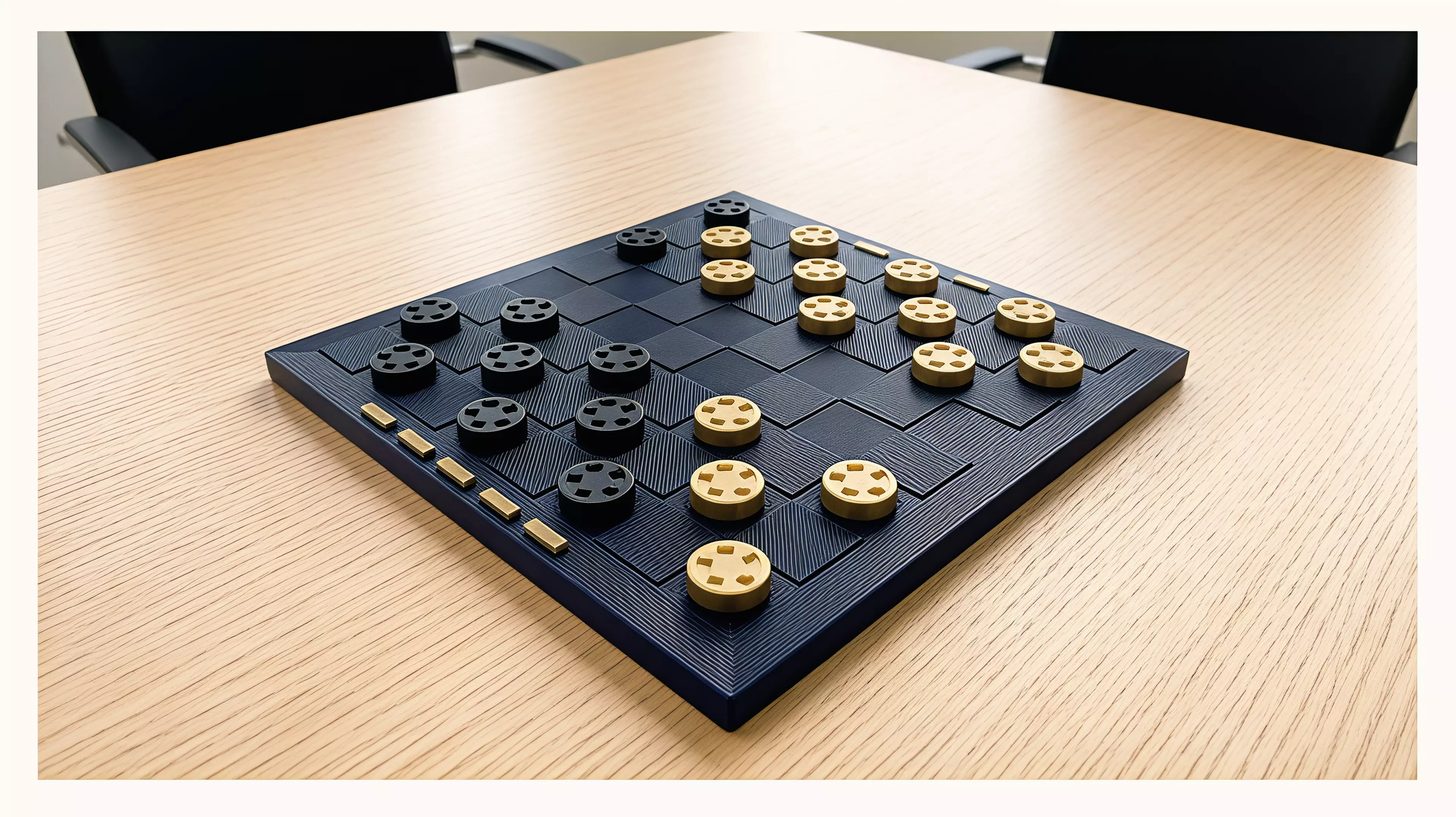 A regulation-readable checkers edition whose five-ring and five-spoke pieces, five brass-like threshold markers, and midnight grid turn the Workshop workflow into table presence without changing the known game.

By Alice.