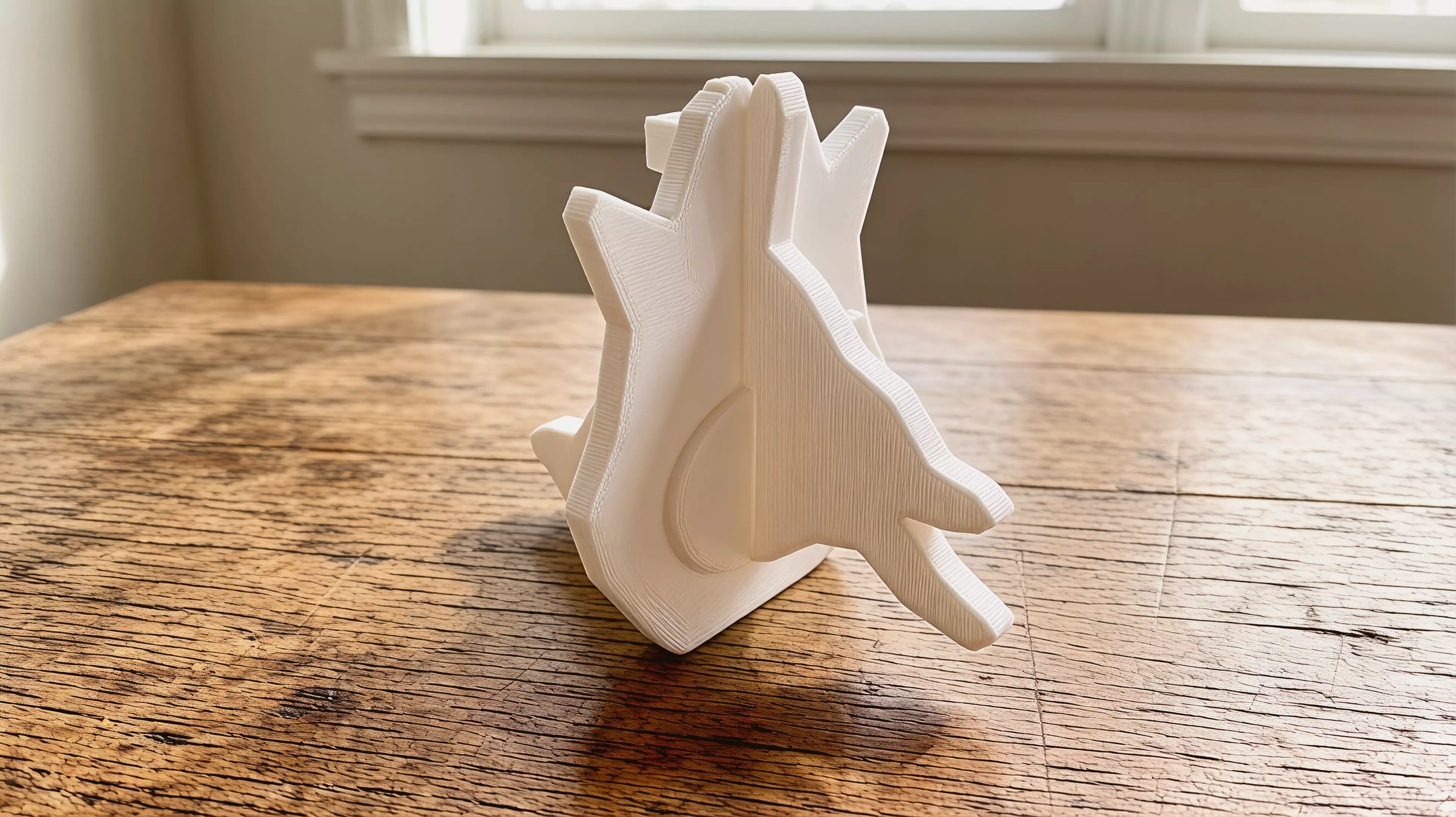 A palm-sized one-piece shadow toy whose broad faces project a horned owl and, after a 90-degree turn, a leaping rabbit under an ordinary external phone flashlight.