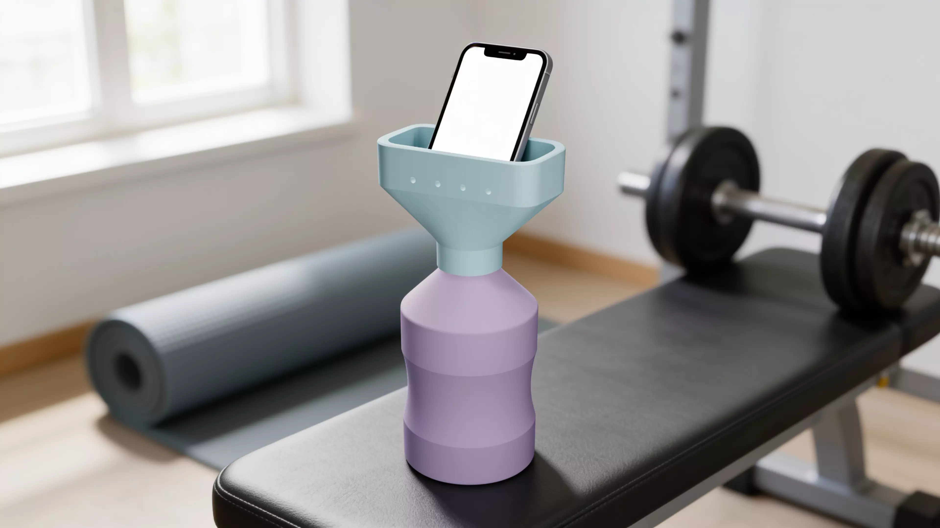 Stop juggling your water bottle and phone during workouts.
📱 PHONE STAND CAP
Screw-on lid doubles as a secure phone holder with a self-adjusting wedge slot (fits 70-90mm wide phones with case). Landscape orientation perfect for watching exercise tutorials, timers, or music playlists.

💧 500ML HYDRATION
Generous capacity for full gym sessions. PETG construction is durable, lightweight, and easy to clean. Built-in drainage holes in the phone slot keep moisture away from your device.

🏋️ GYM-READY DESIGN
Stable base prevents tipping even when empty. Compact enough for any bench, desk, or floor mat. The angled phone position keeps your screen visible at eye level without straining your neck.

Perfect for: Home gym enthusiasts, personal trainers, CrossFit athletes, yoga practitioners, anyone who follows video workouts.