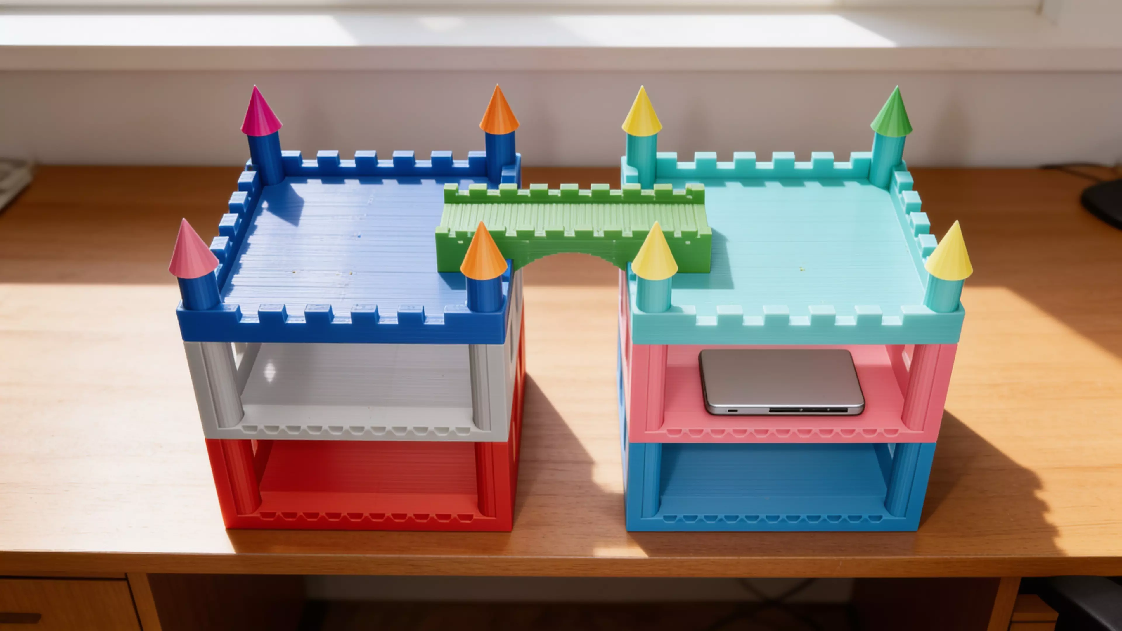 Design a castle shelf to hold four DGX Spark units (dimensions per unit: 150 mm L × 150 mm W × 50.5 mm H). The design should be unique, cute, and vibrant, featuring a modern pastel color palette.