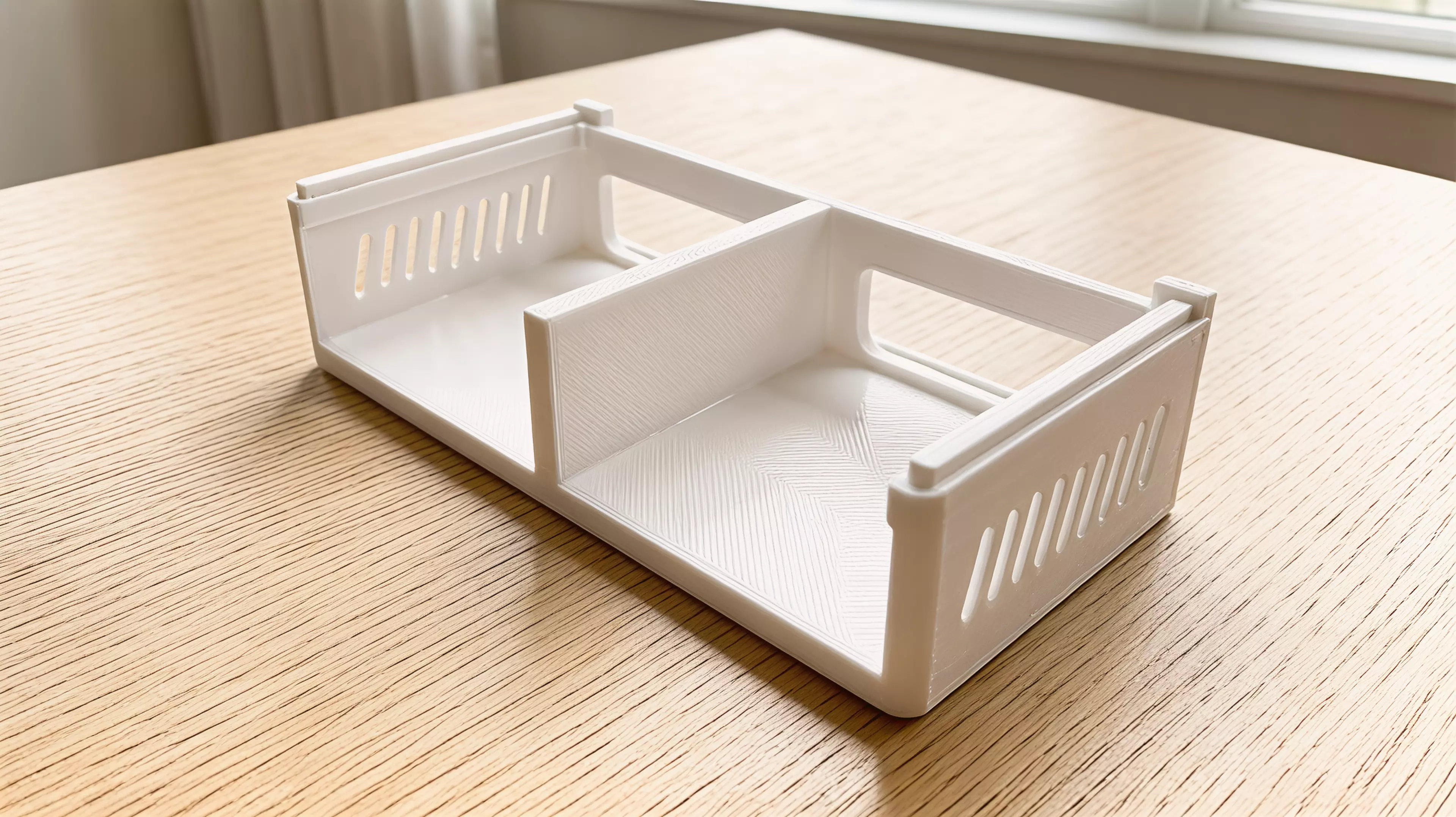 A modular rack tier for two NVIDIA DGX Spark nodes side-by-side, built as left + right halves tied by a slide-in dovetail plate, with male dovetail rails on top and female slots underneath so identical tiers slide-stack from the rear and lock with rear thumb-screw stop keys — in the chosen soft…
