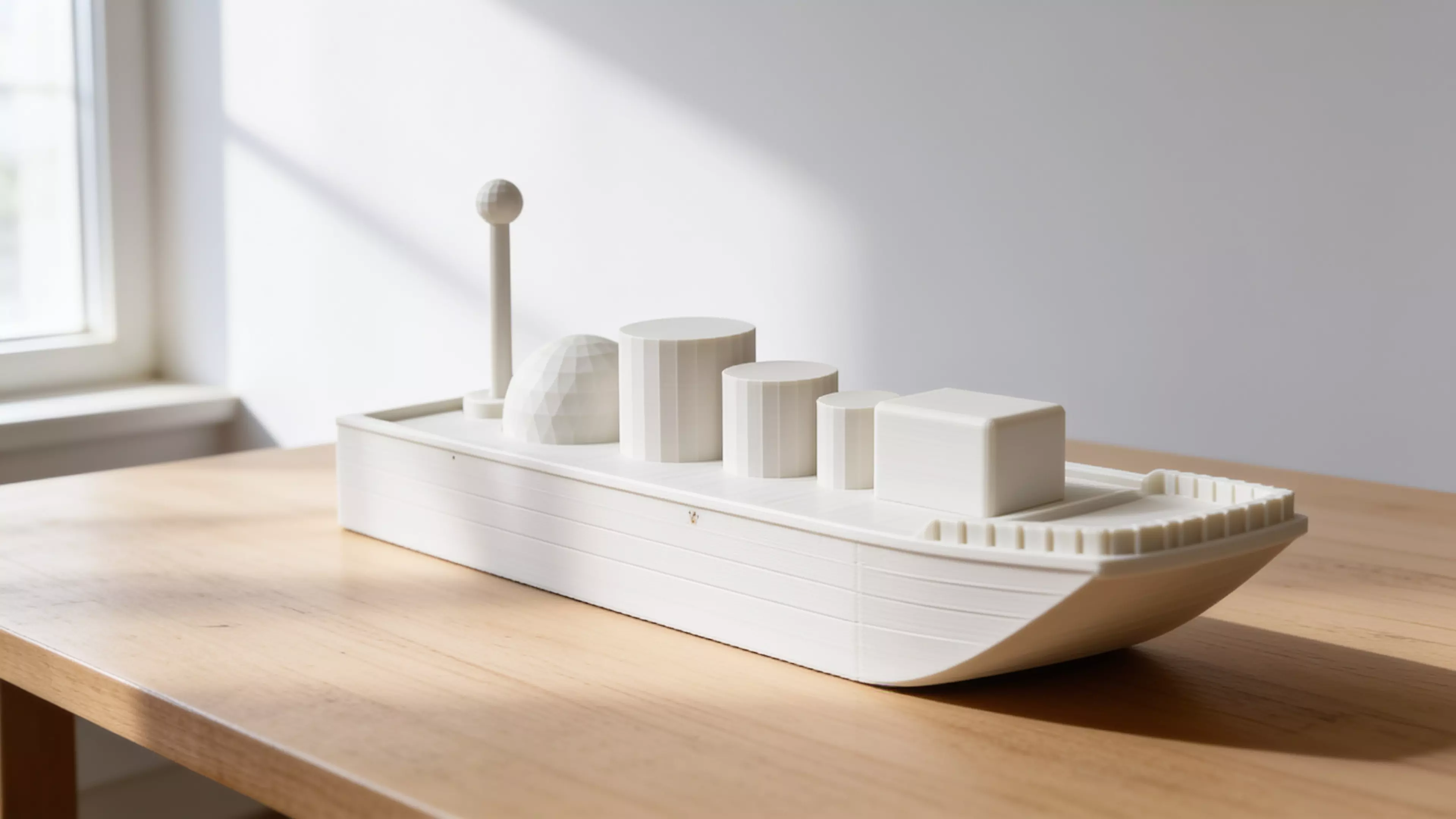 A toy cargo barge — a low, flat-bottomed hull with a raked bow and flat stern — plus six separate deck-cargo pieces (mast/beacon, dome, three drums, and a crate) that peg into sockets on the deck, matching the sketch's assortment.