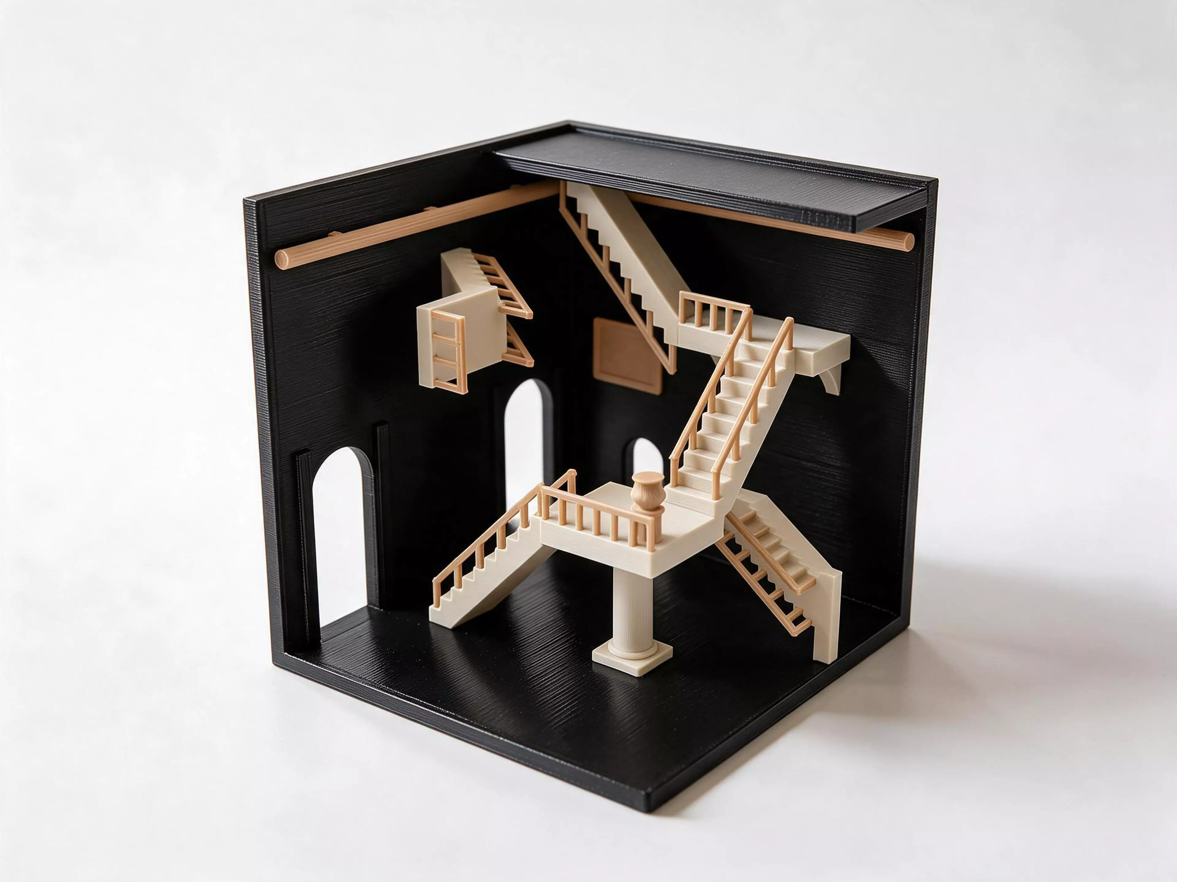 An impossible room where the floor and both walls each hold their own gravity: bone-white stairs climb, hang upside down and grow sideways through a charcoal void, picked out with gold balustrades.