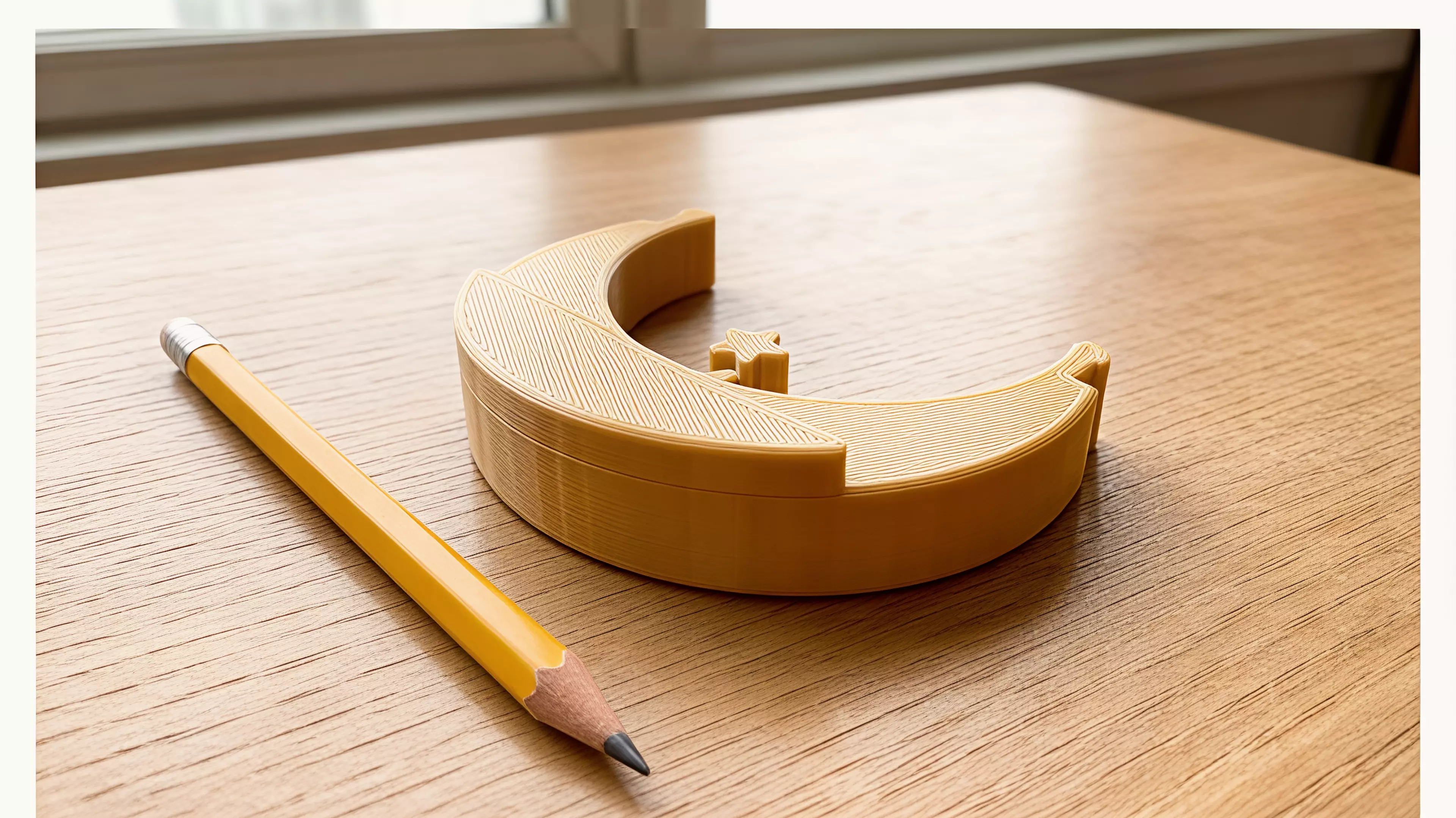 Cradle Crescent is a palm-sized, one-piece crescent desk rocker with two choose-either horn tap pockets and an integral centered star; it is designed for a gentle lateral tap and a point-up rest cue.