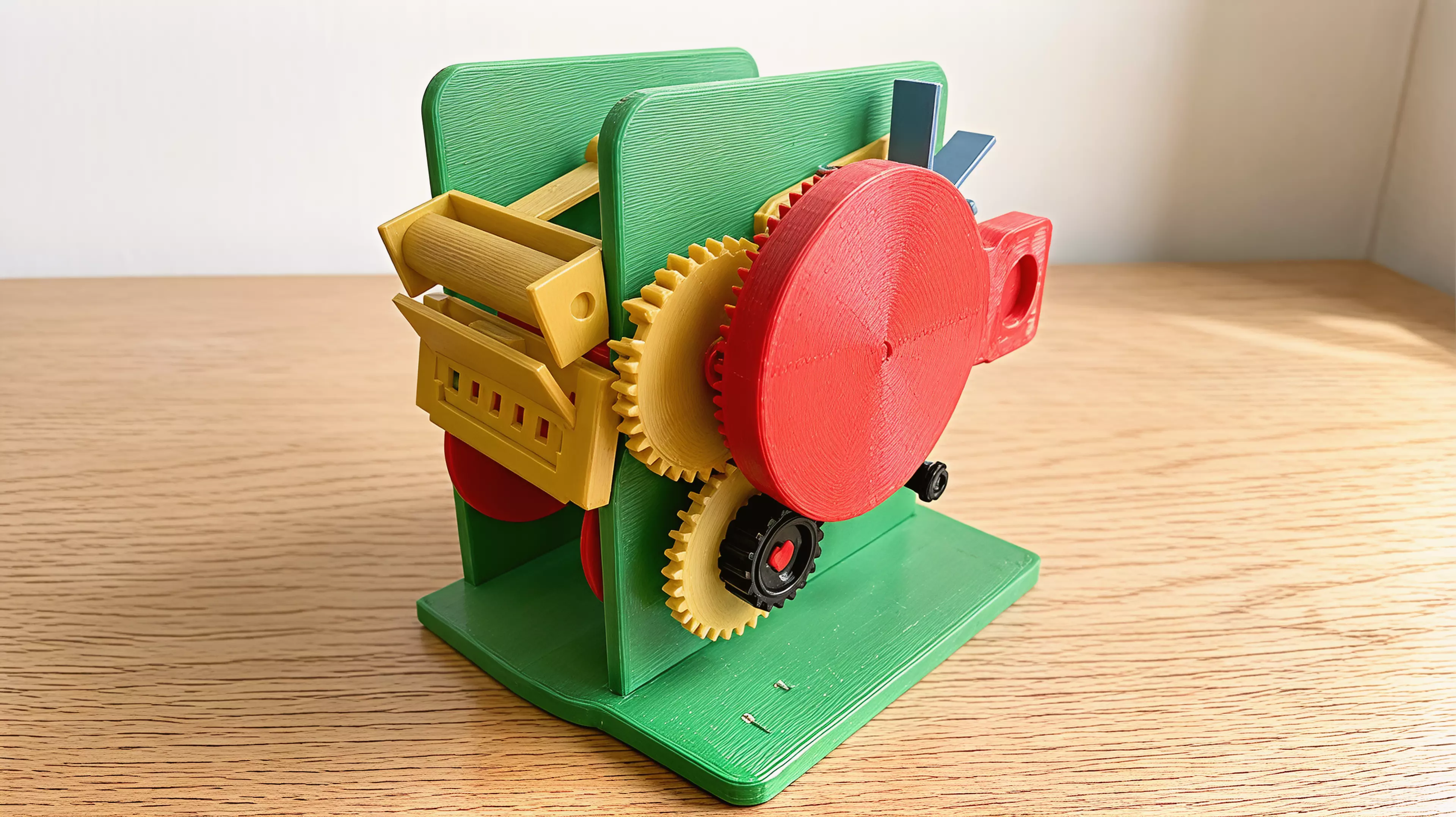 A small, honest transport mechanism made legible. The right-hand side of the machine is a bare gear plate — you crank it, and you watch a six-slot Geneva cross snap the capstan through exactly one sixth of a turn while a ratchet clicks and a six-blade air paddle whirrs up to speed and holds you back. On the left of the plate, hidden behind it, a 57 mm paper strip walks 12 mm and one new line of news appears in a slot on the front. It is a newspaper you can only read forwards, one line at a time,