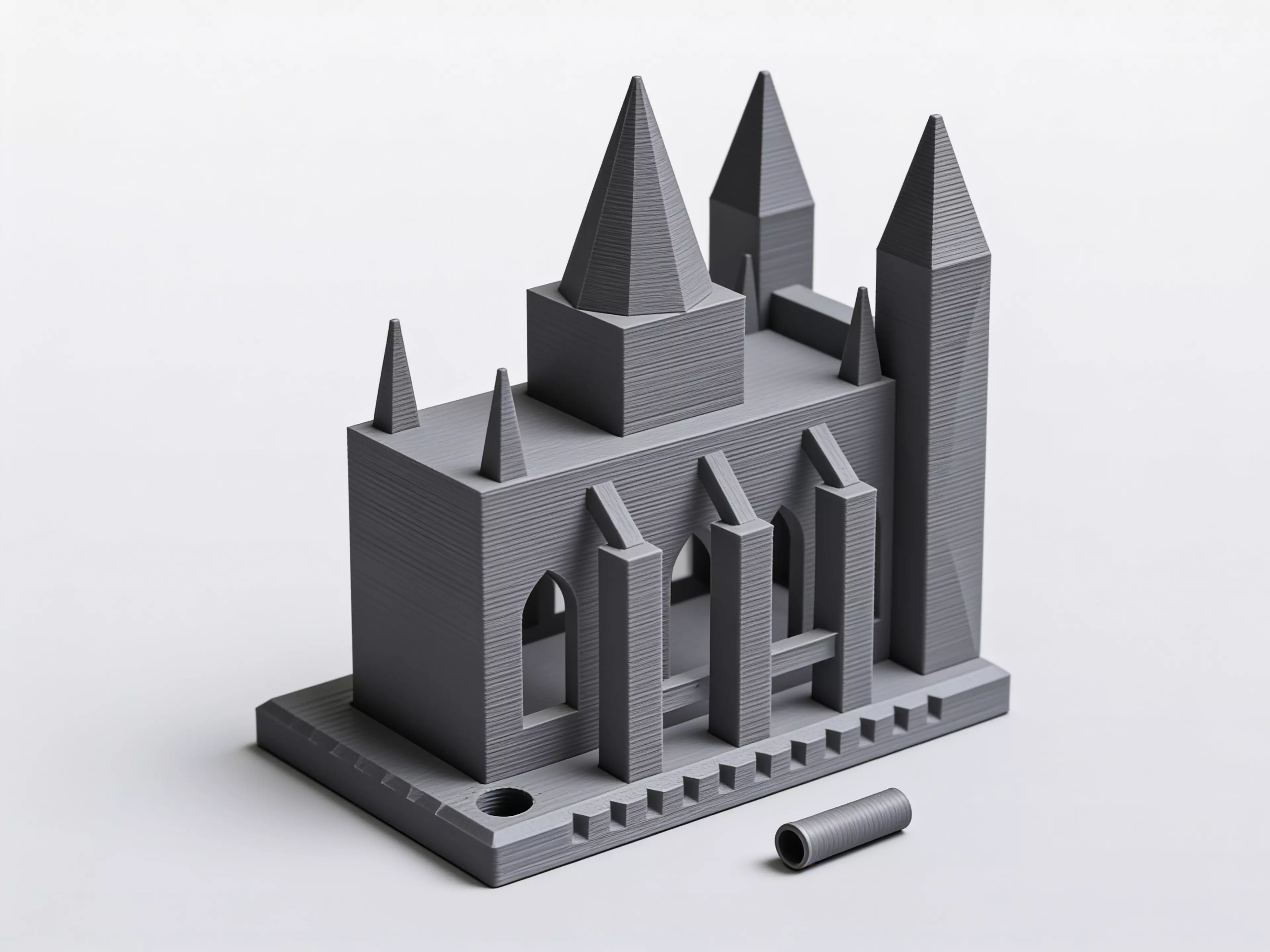 The Calibration Cathedral is a Gothic micro-cathedral that is secretly a complete FDM torture test: self-supporting pointed-arch windows, a graduated flying-buttress overhang staircase, tapered spires and pinnacles for bed adhesion and fine detail, a bridging rose window, a print-in-place captured…