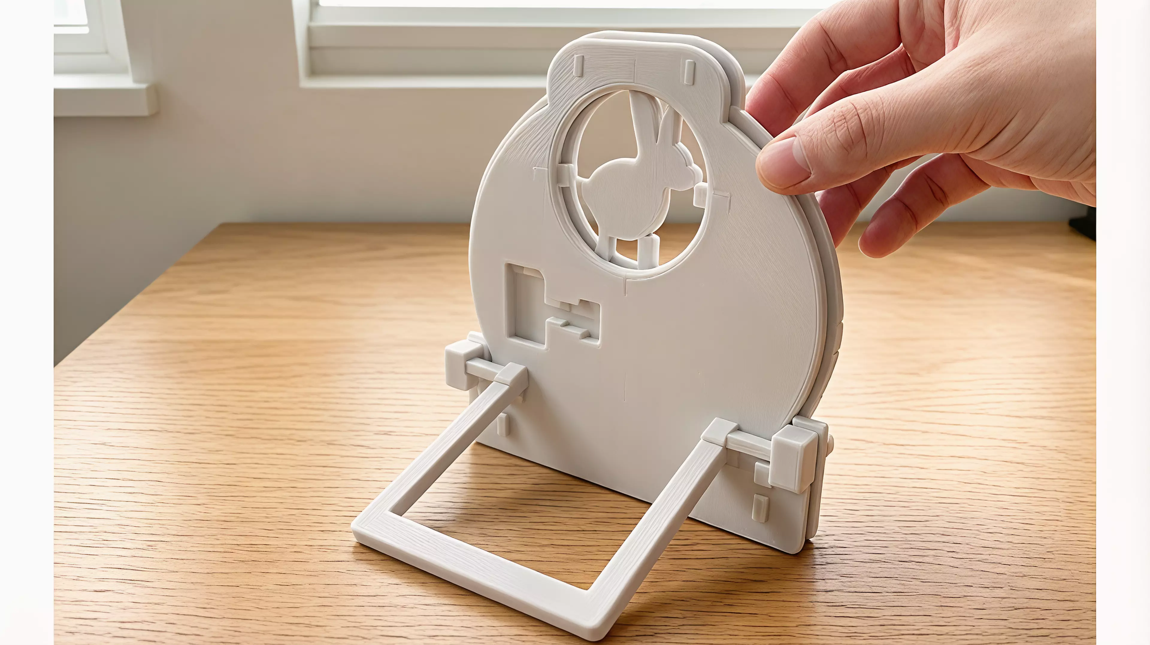 A four-part hand-powered moon gate with a captured reel that casts indexed rabbit, fox, and owl shadows from an ordinary external phone flashlight.