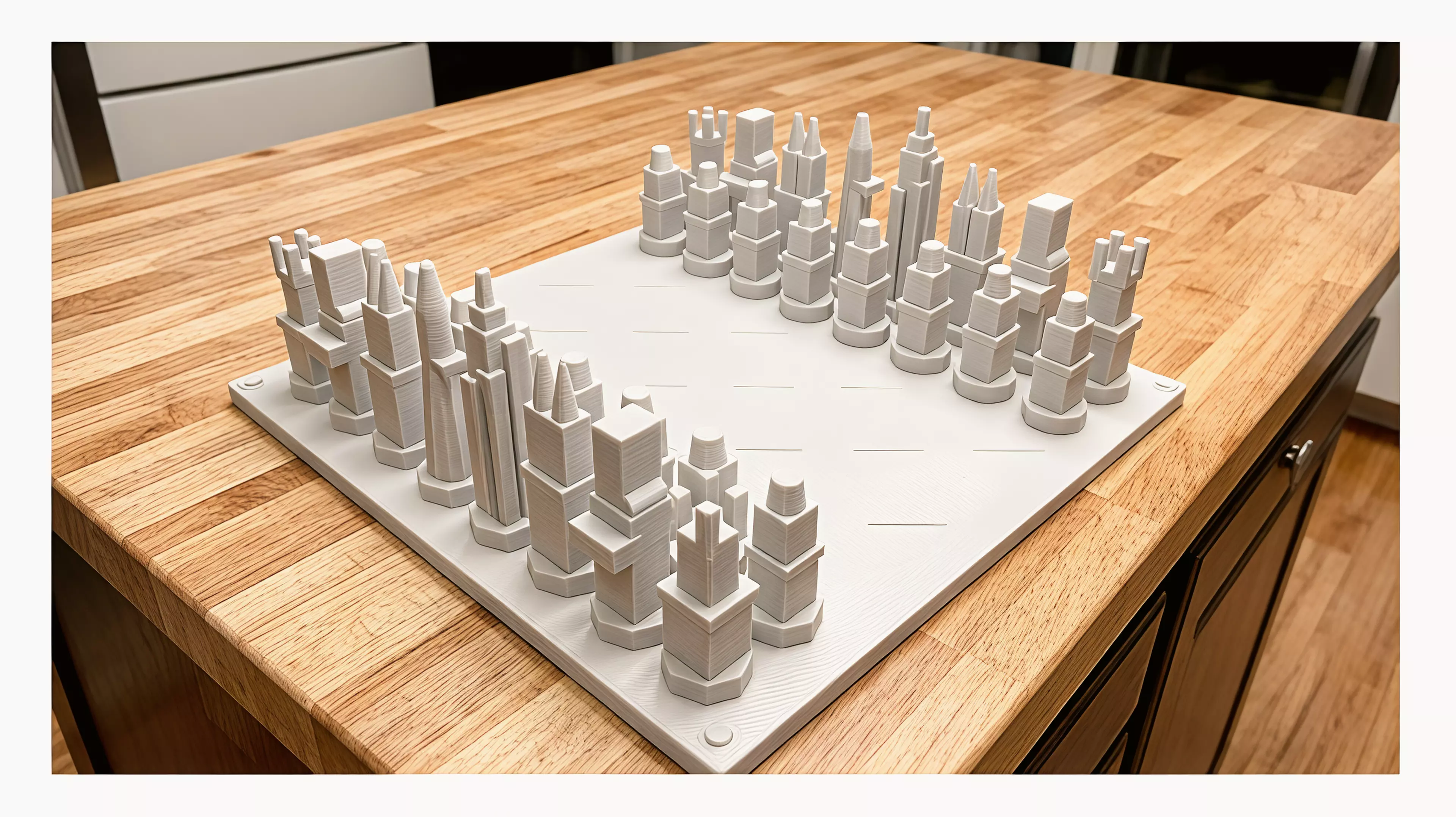 A compact standard-rules chess set with two tactile armies built from six Ho Chi Minh City architectural silhouettes.