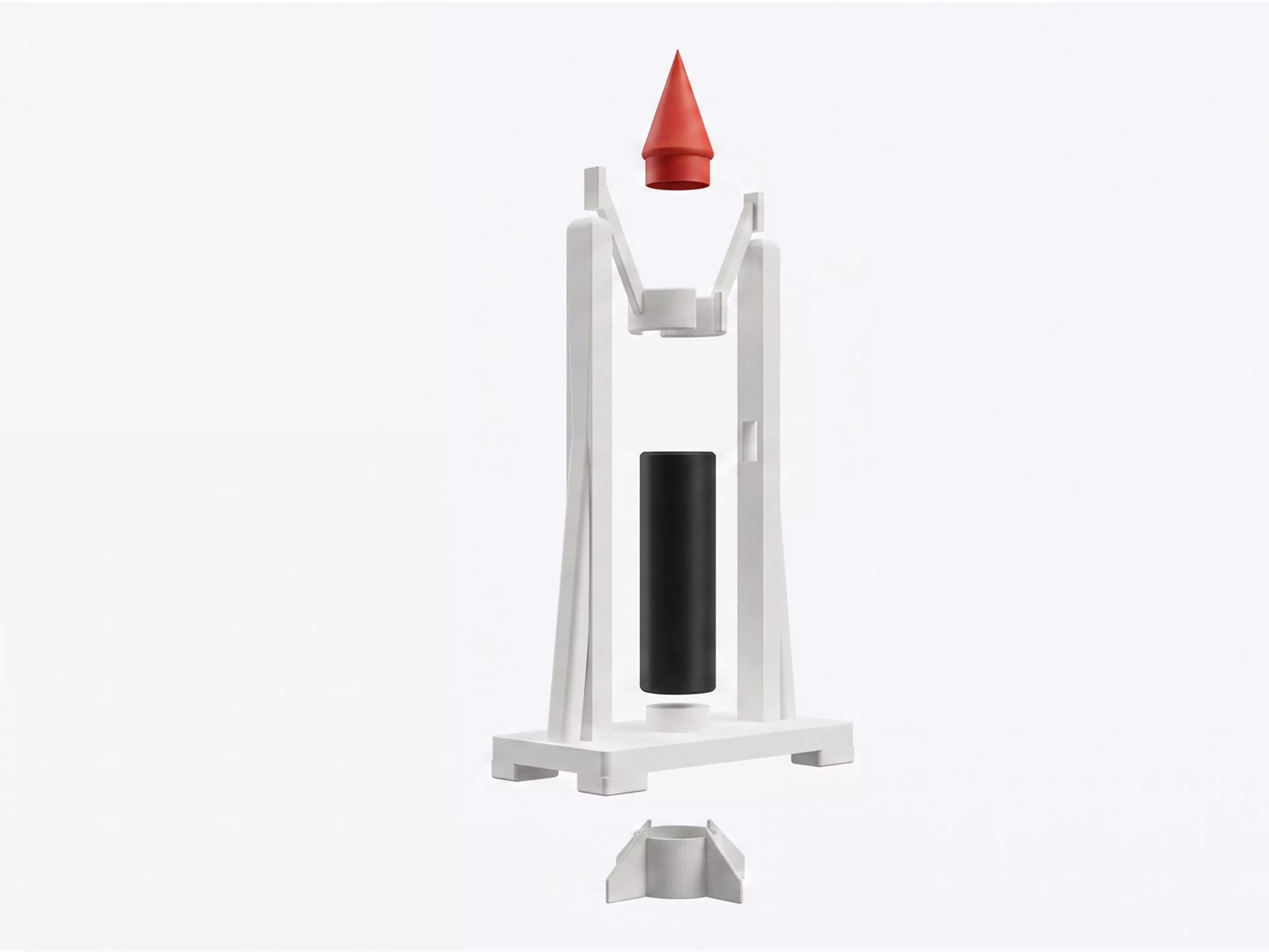 A 180 mm desktop model-rocket-on-launch-tower display: a natural-wood-tone launch tower cradling a removable tan/gray toy rocket, matching the reference photo's craft-model look.