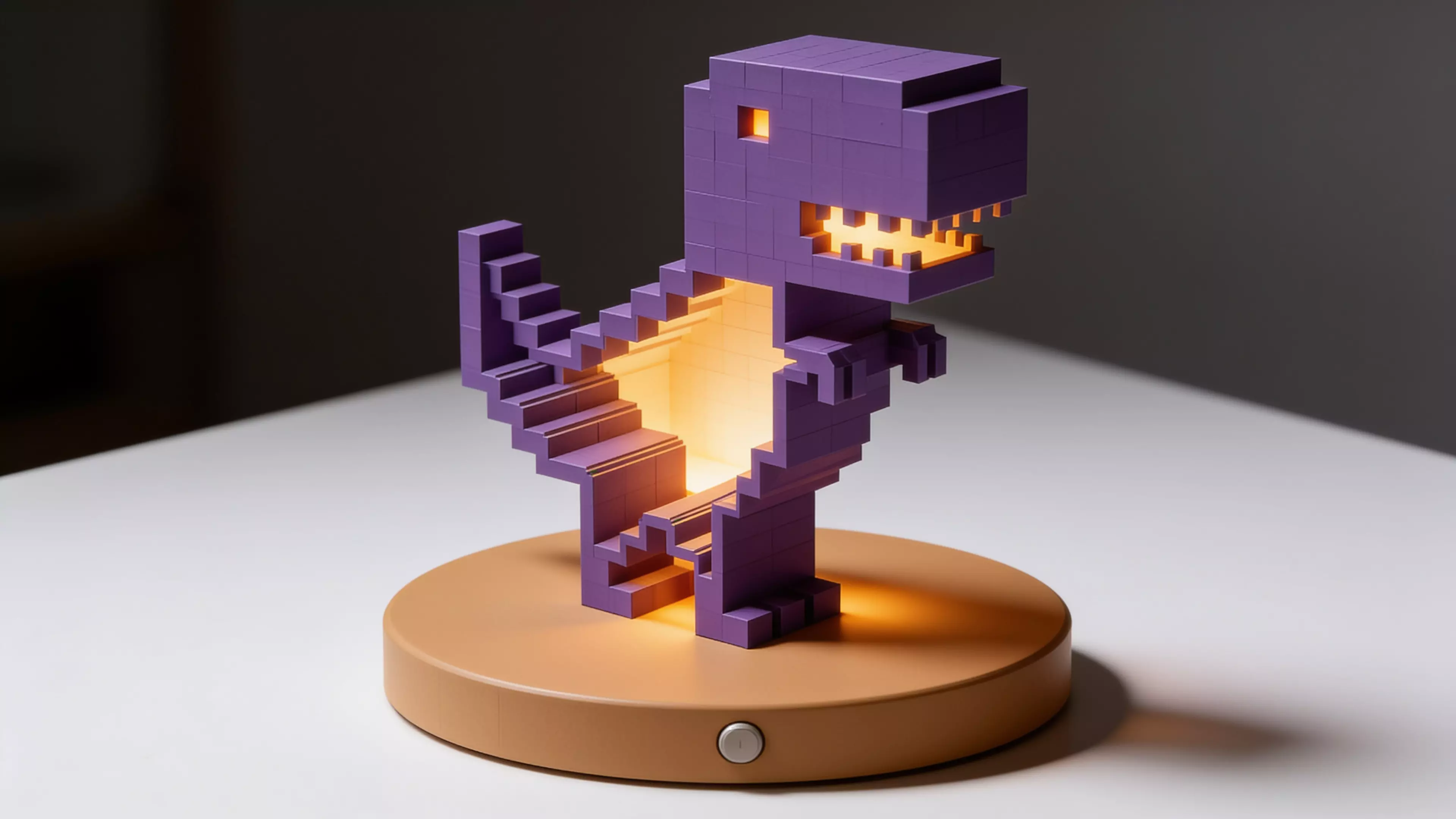 A 250 mm tall pixel-art T-Rex night light: a hollow, glowing outline sculpture of the Chrome "no-internet" dino standing on an illuminated plinth housing a battery LED puck.