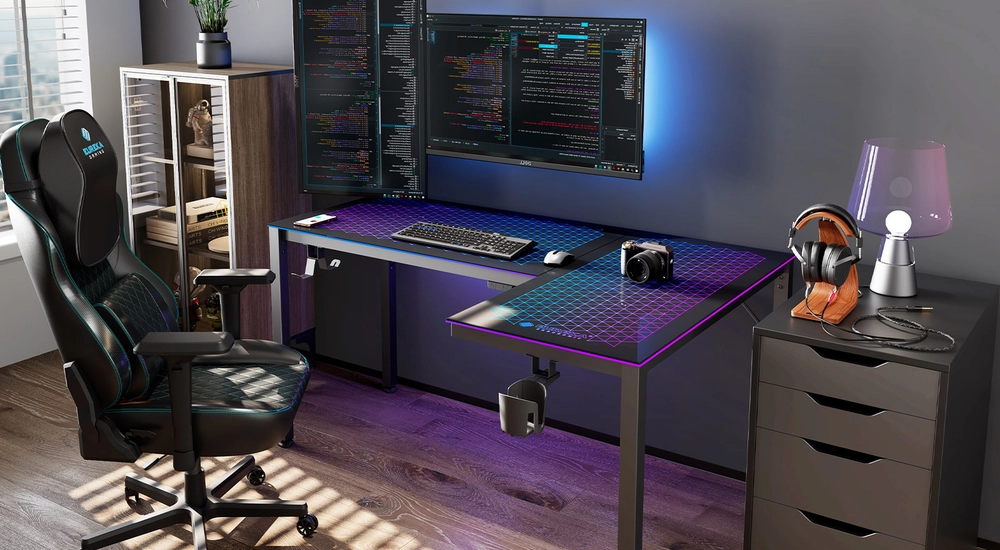 EUREKA ERGONOMIC 60-inch L Shape Glass Gaming Desk: Music Sync RGB