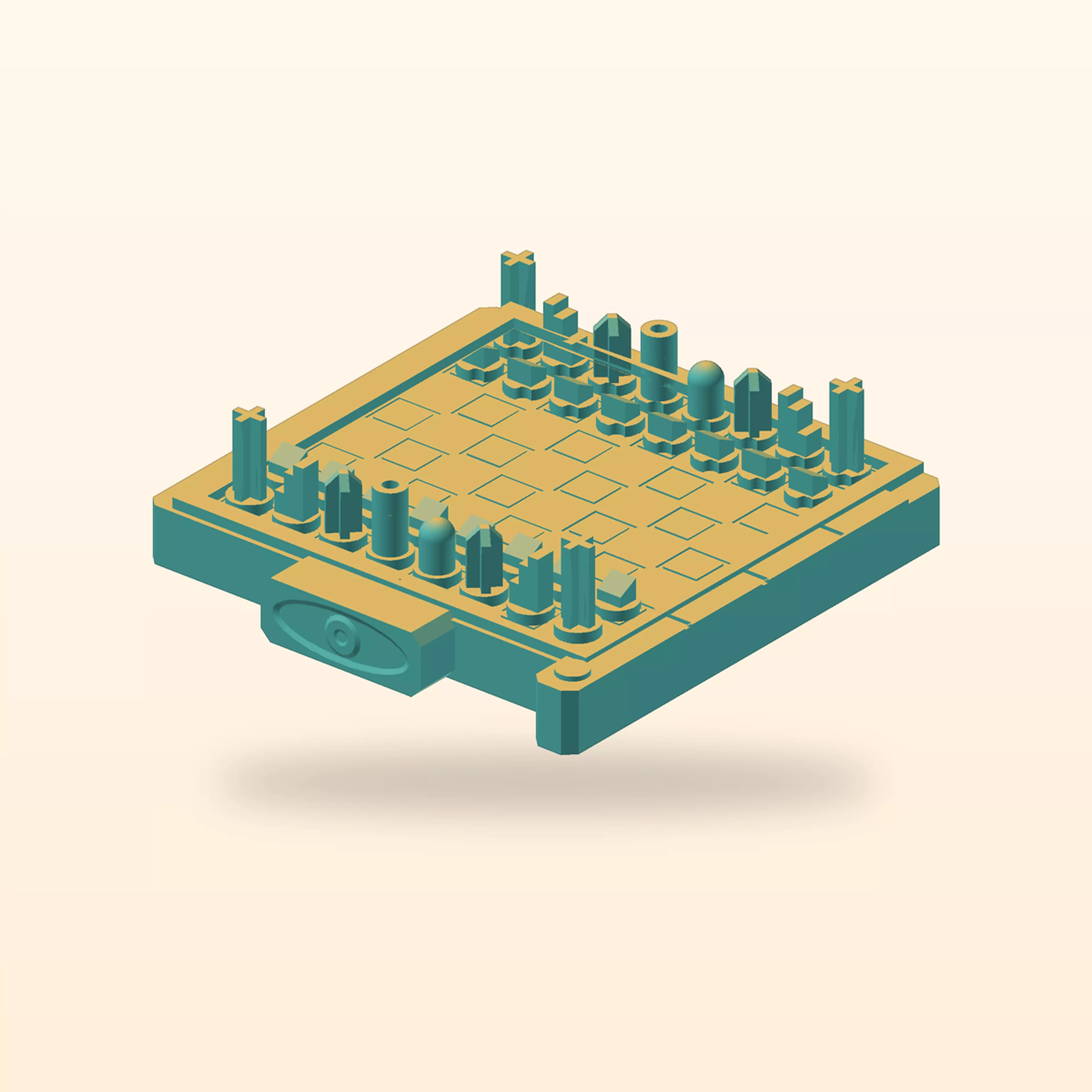 A camera-shaped chess set with sculptural astronomical masks. Move a towering cross-vane rook across the field and bring the distant stellar king into check.