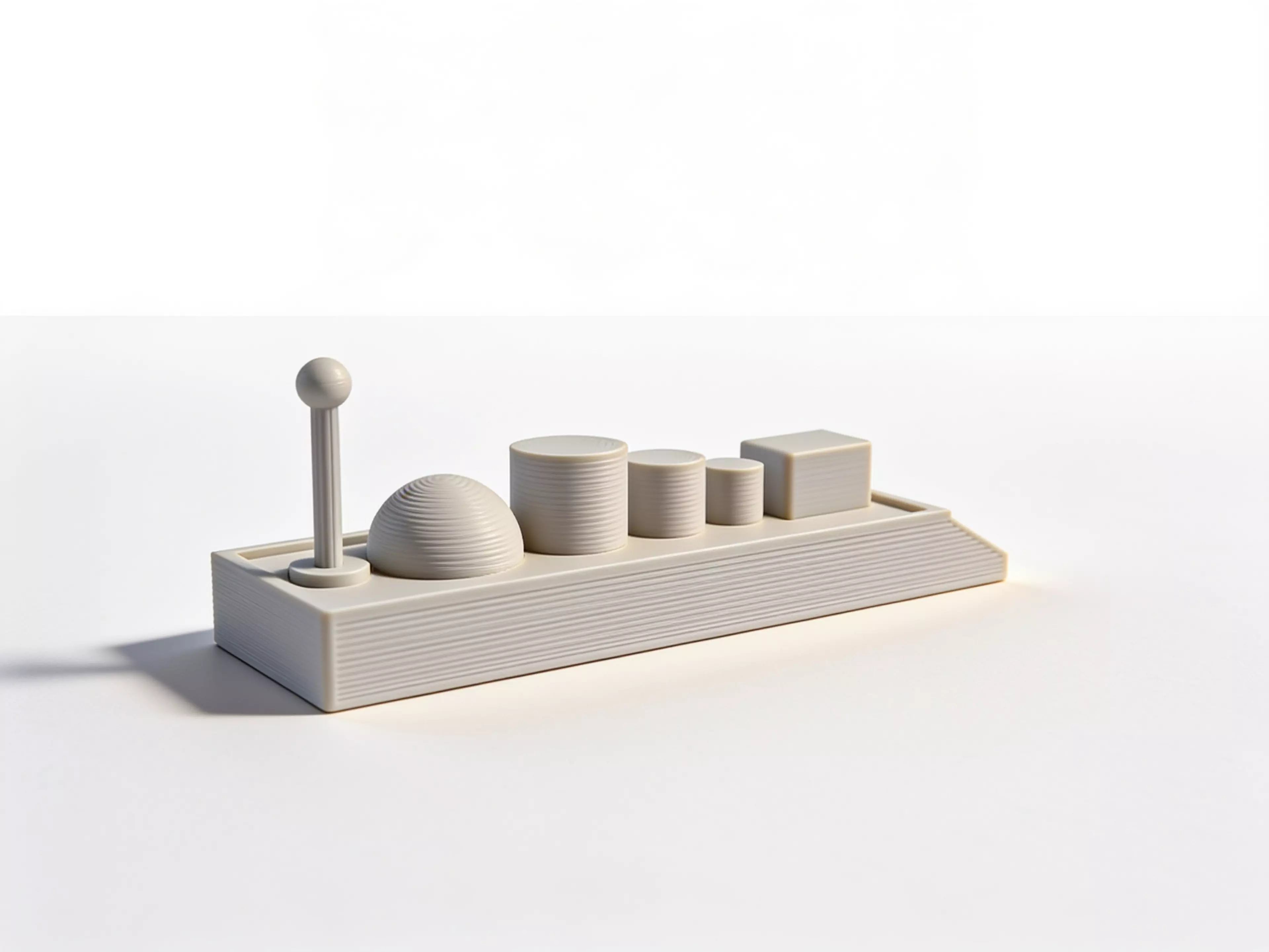 A toy cargo barge — a low, flat-bottomed hull with a raked bow and flat stern — plus six separate deck-cargo pieces (mast/beacon, dome, three drums, and a crate) that peg into sockets on the deck, matching the sketch's assortment.