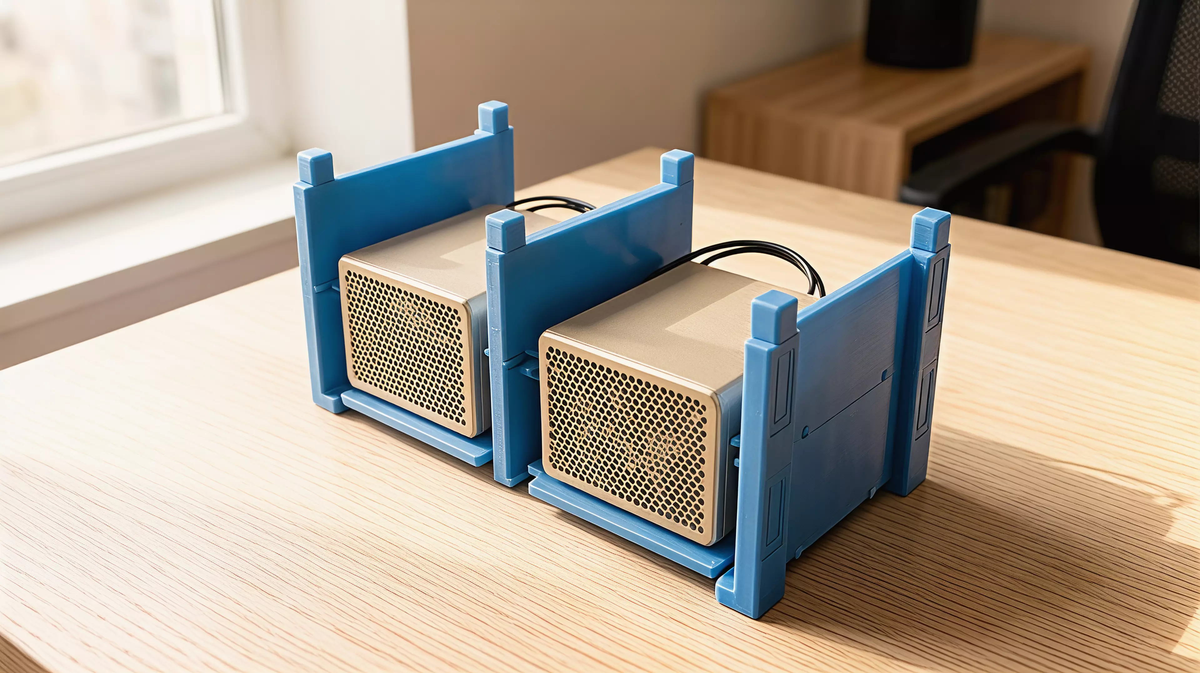 A PETG FDM knock-down rack holding 2 NVIDIA DGX Spark per tier (2 tiers = 4 devices), built from zero tier-unique parts — 2 end walls + 1 center divider + 2 floor trays per tier, stacked on 8 x 8 mm self-locating chamfered key joints, with 4 press-fit feet and flush top caps, styled as a…
